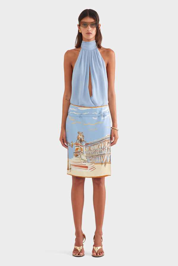 Silk Twill Belted Skirt - Milano Galleria/Powder Blue