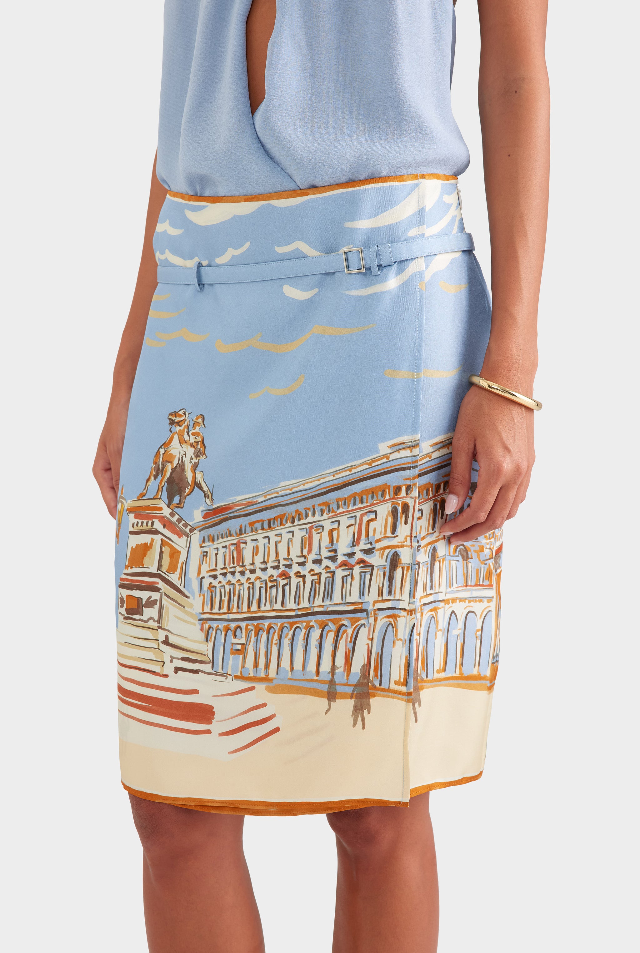 Silk Twill Belted Skirt - Milano Galleria/Powder Blue