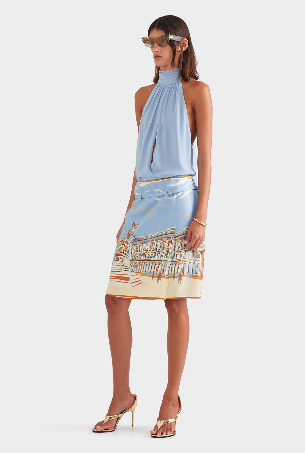 Silk Twill Belted Skirt - Milano Galleria/Powder Blue