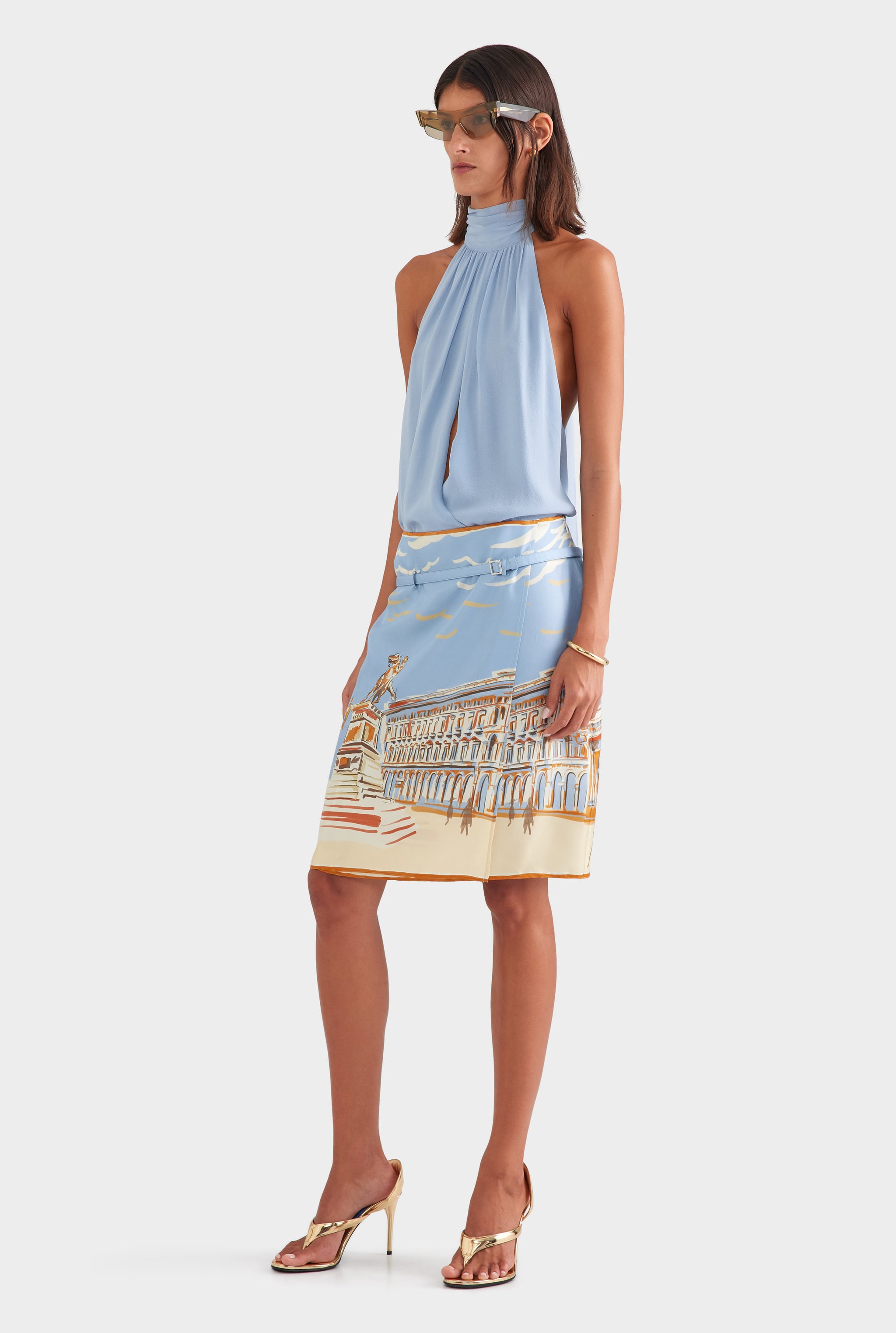 Silk Twill Belted Skirt - Milano Galleria/Powder Blue