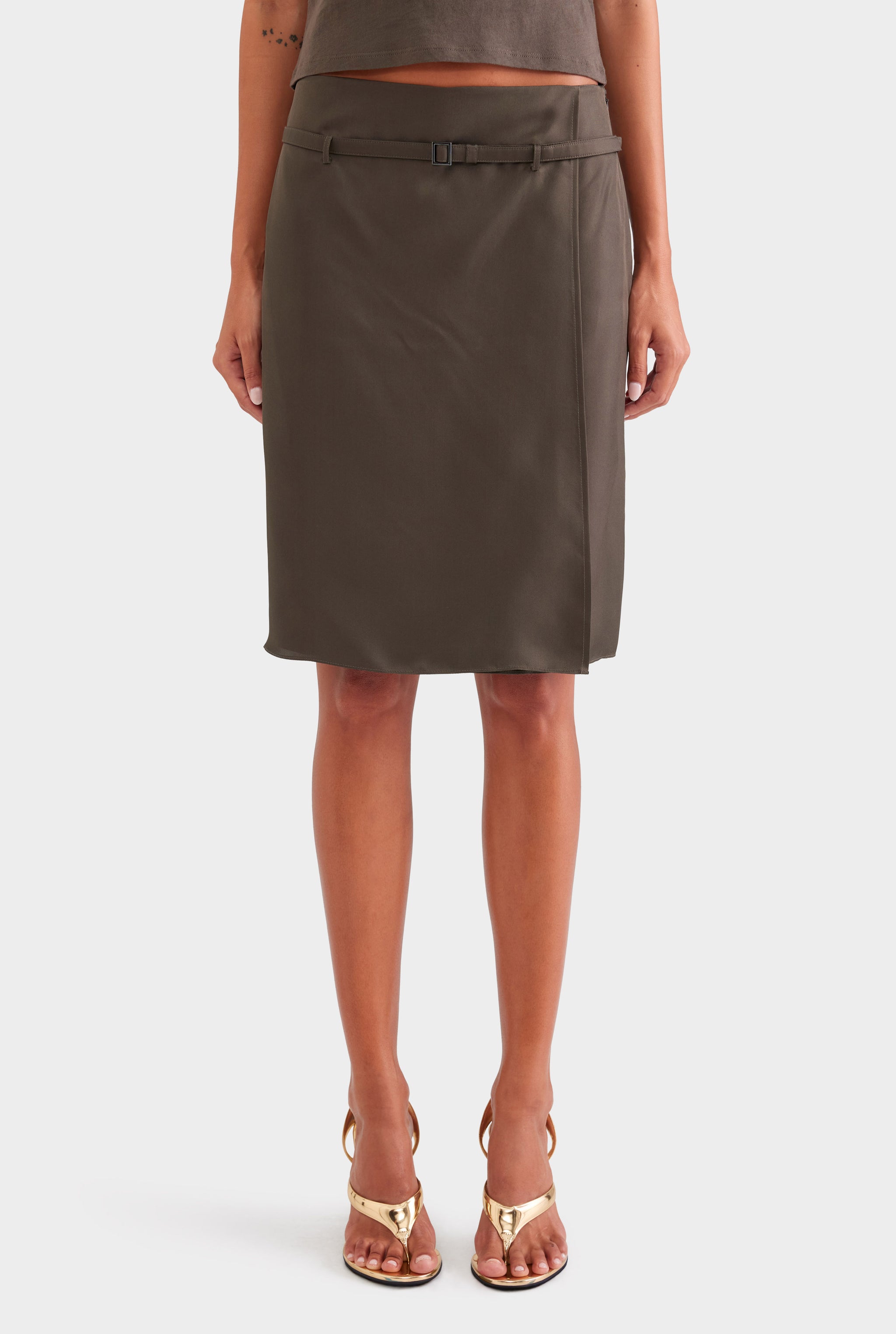Silk Twill Belted Skirt - Dark Olive