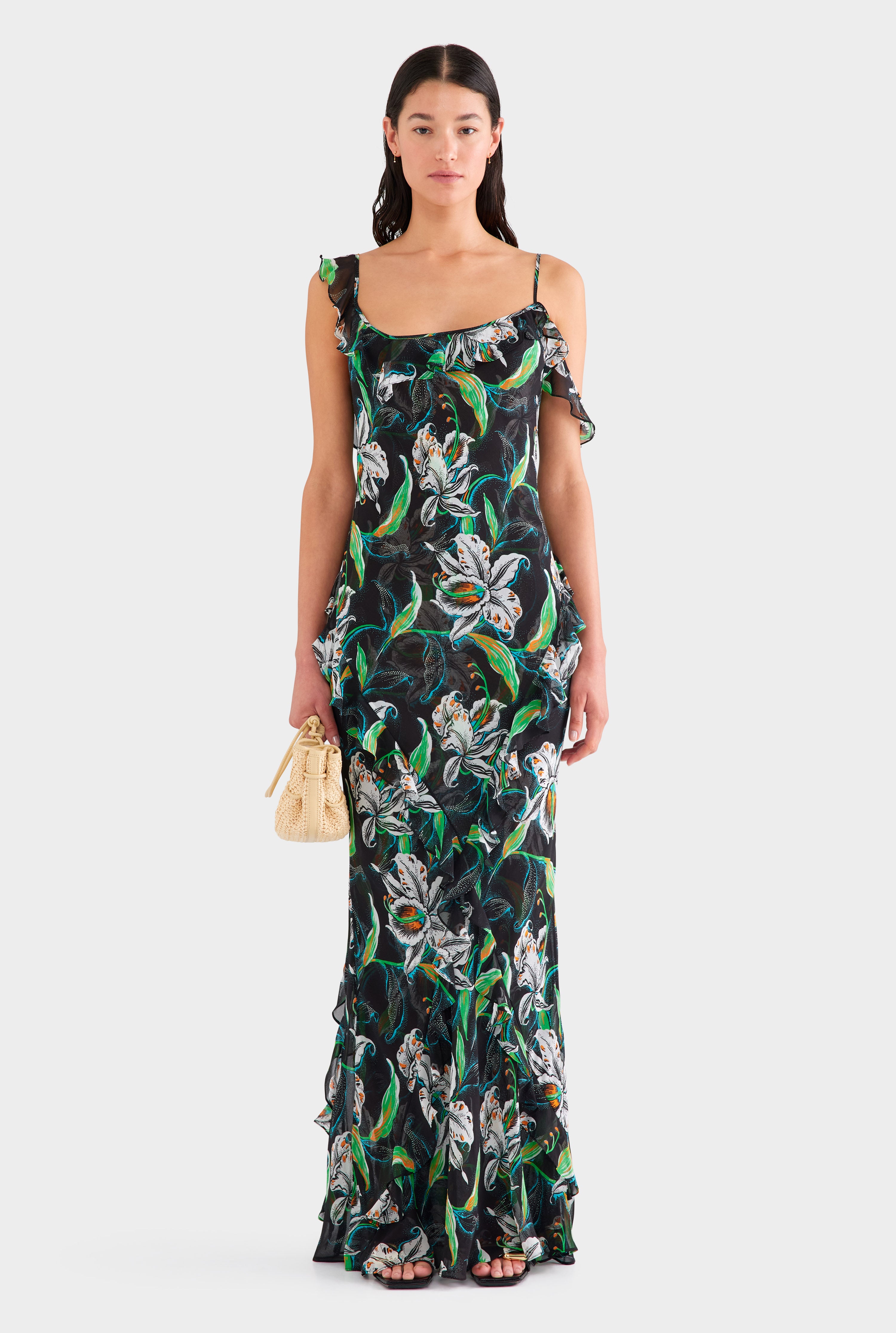 Asymmetric Low Back Silk Ruffle Dress - Black/White Lily