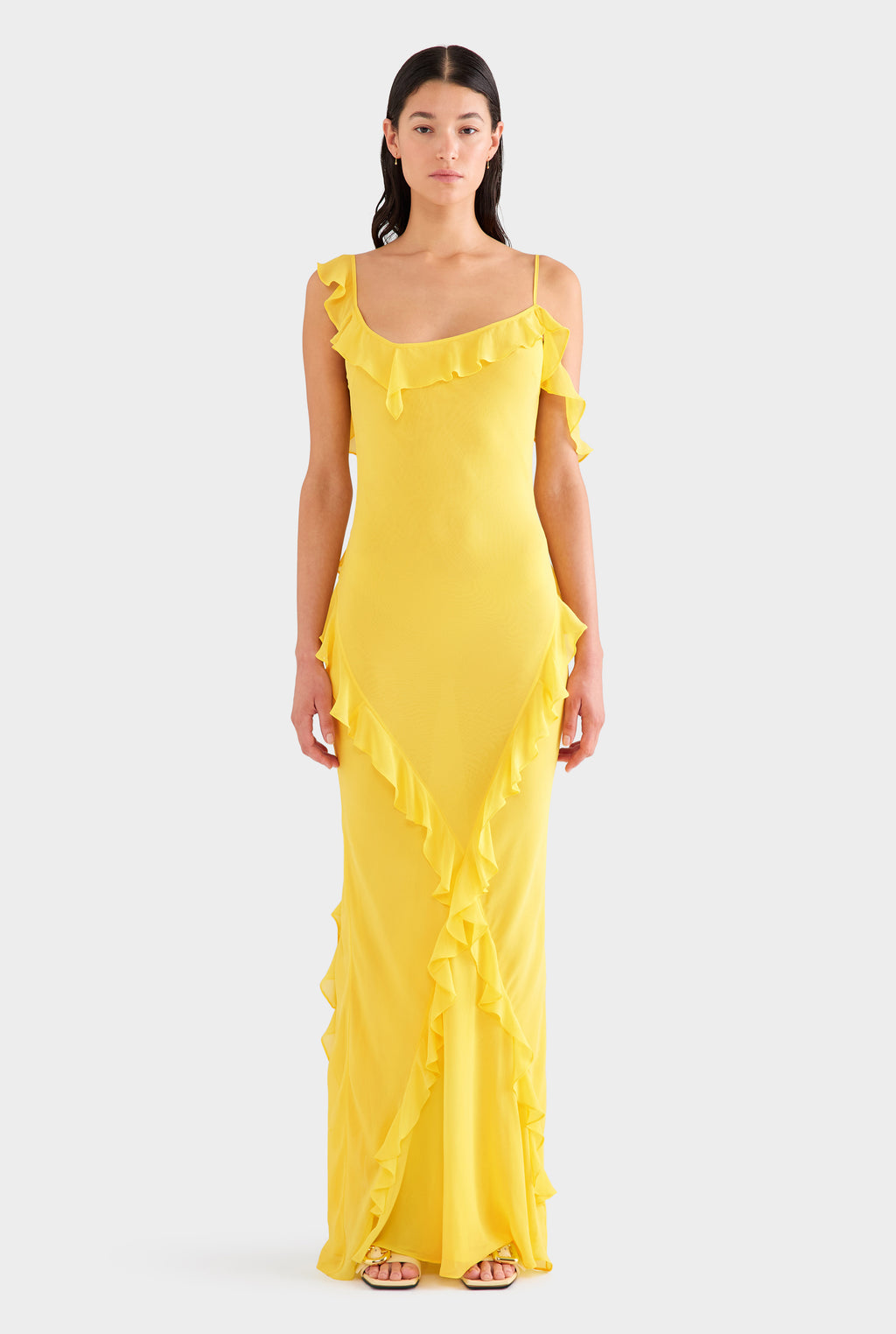 Womens Asymmetric Low Back Silk Ruffle Dress in Yellow Gold | Venroy VENROY Womens Asymmetric Low Back Silk Ruffle Dress in Yellow Gold | Venroy VENROY