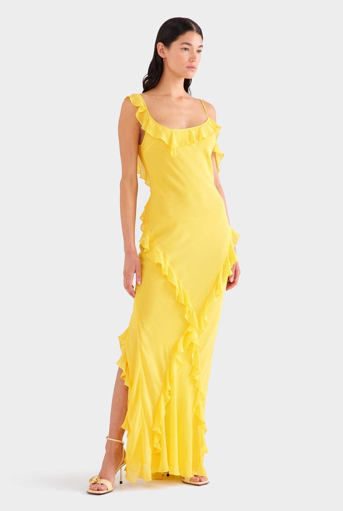 Gold Ruffles Womens Asymmetric Low Back Silk Ruffle Dress in Yellow Gold | Venroy ...
