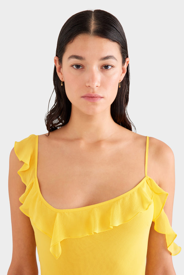 Asymmetric Low Back Silk Ruffle Dress - Yellow Gold