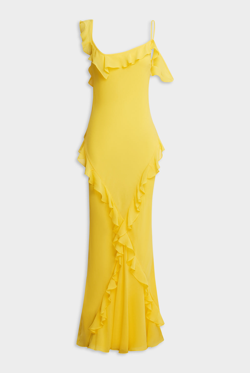 Womens Asymmetric Low Back Silk Ruffle Dress in Yellow Gold