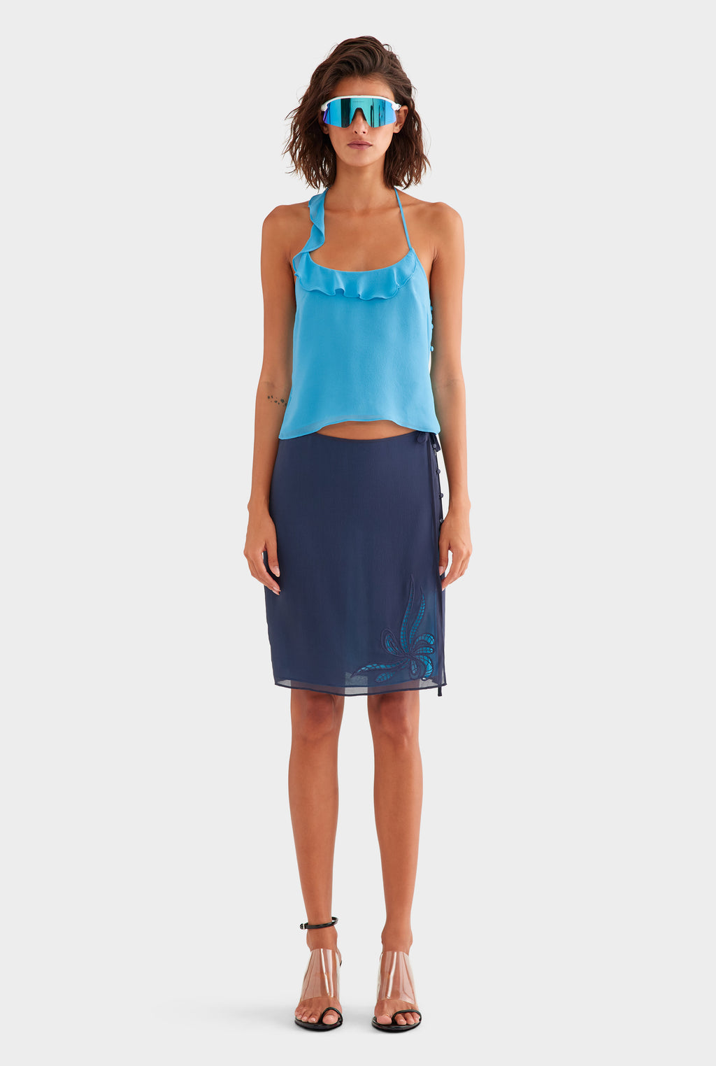 Asymmetric Ruffle Halter Top - Bright Blue