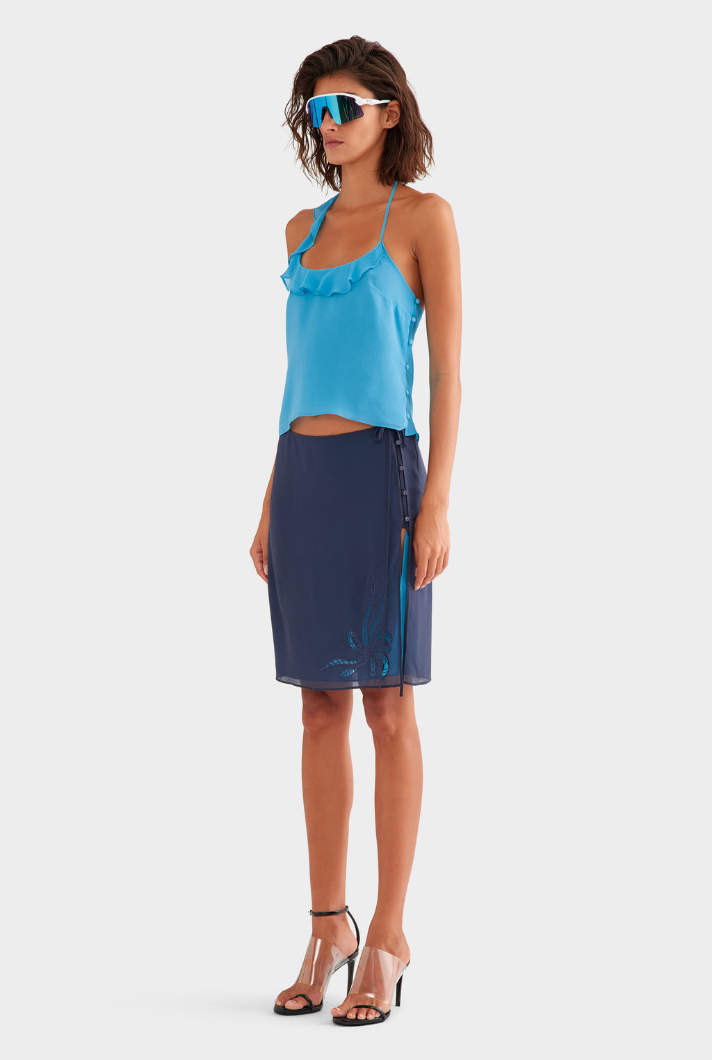 Asymmetric Ruffle Halter Top - Bright Blue