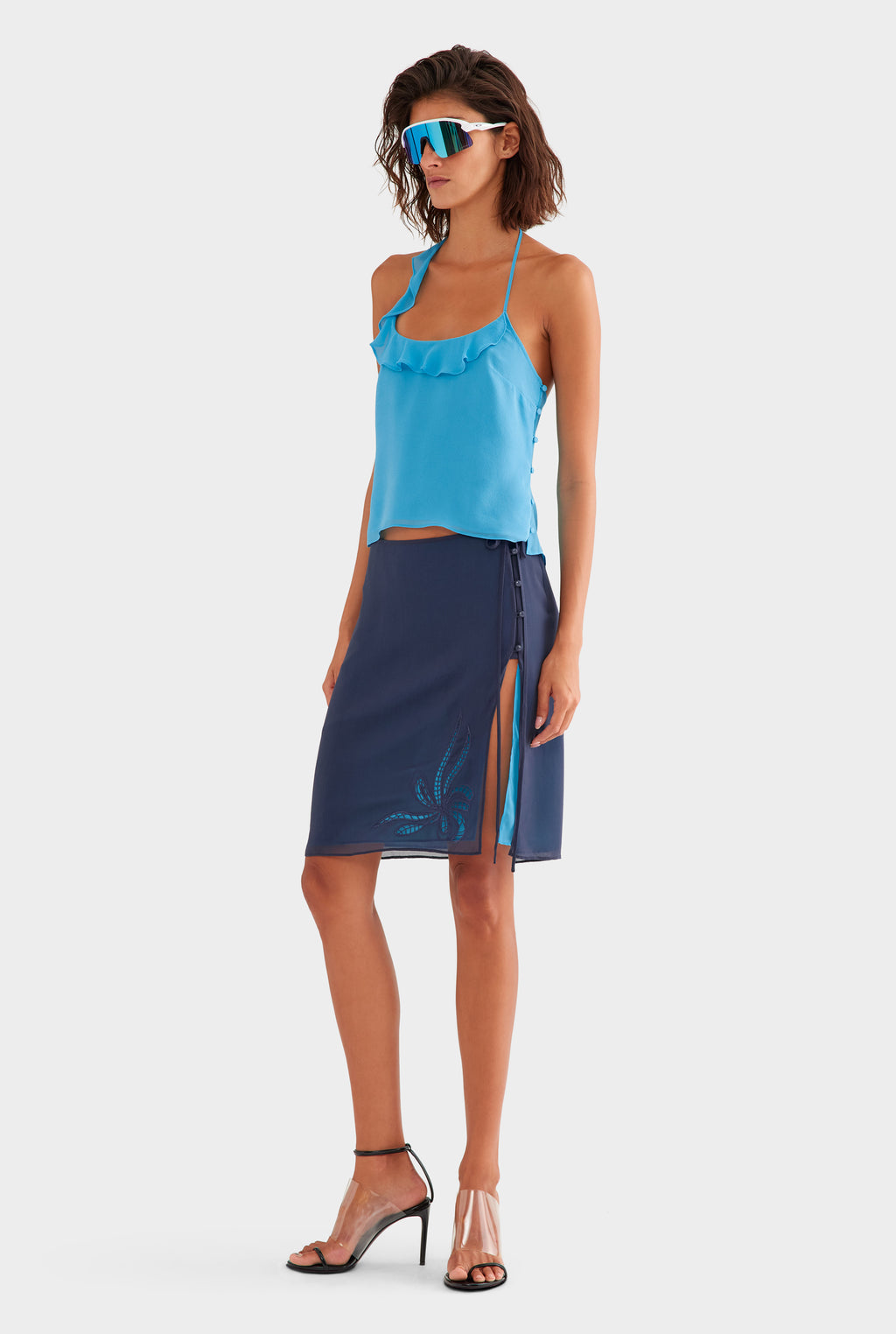 Asymmetric Ruffle Halter Top - Bright Blue