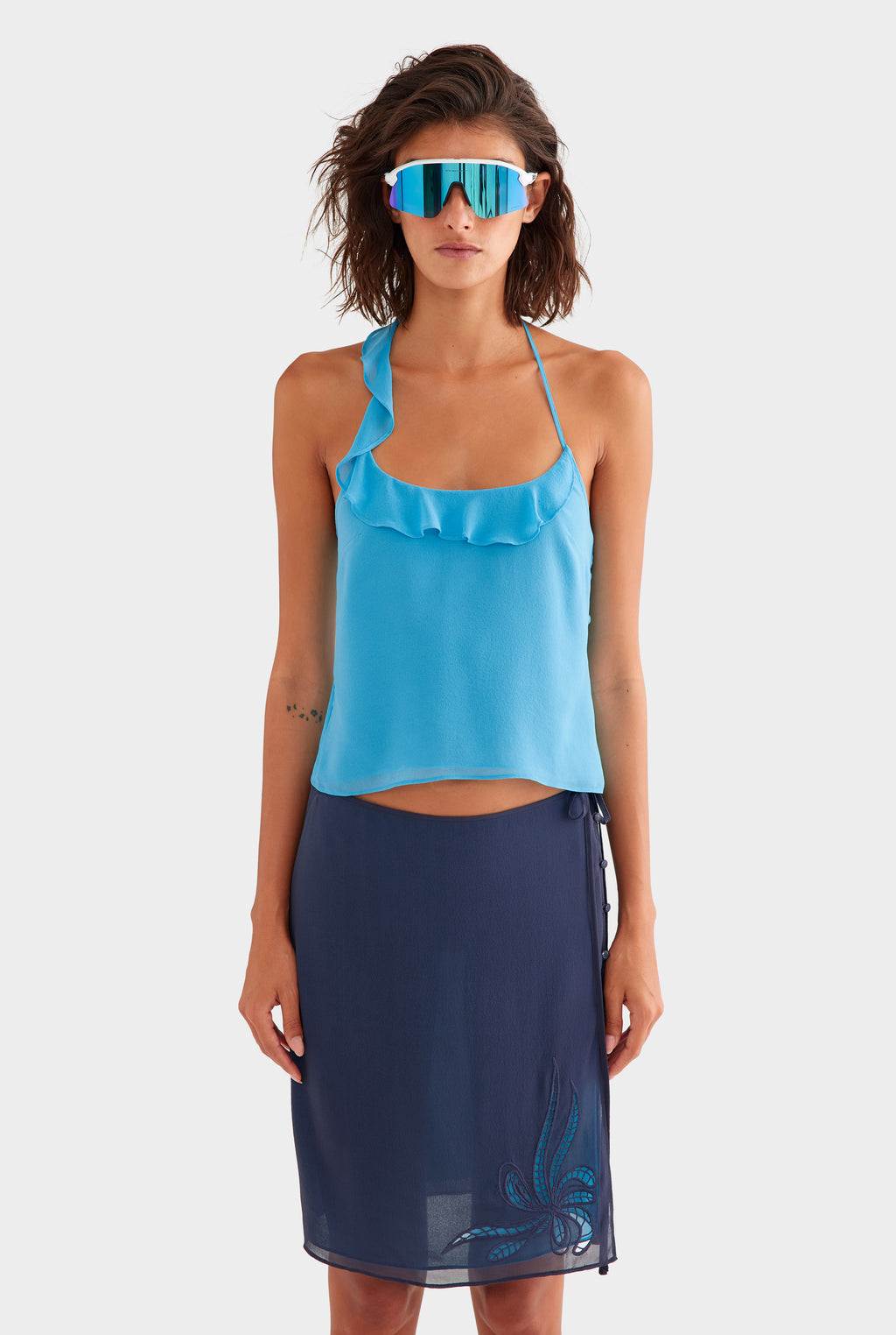Asymmetric Ruffle Halter Top - Bright Blue