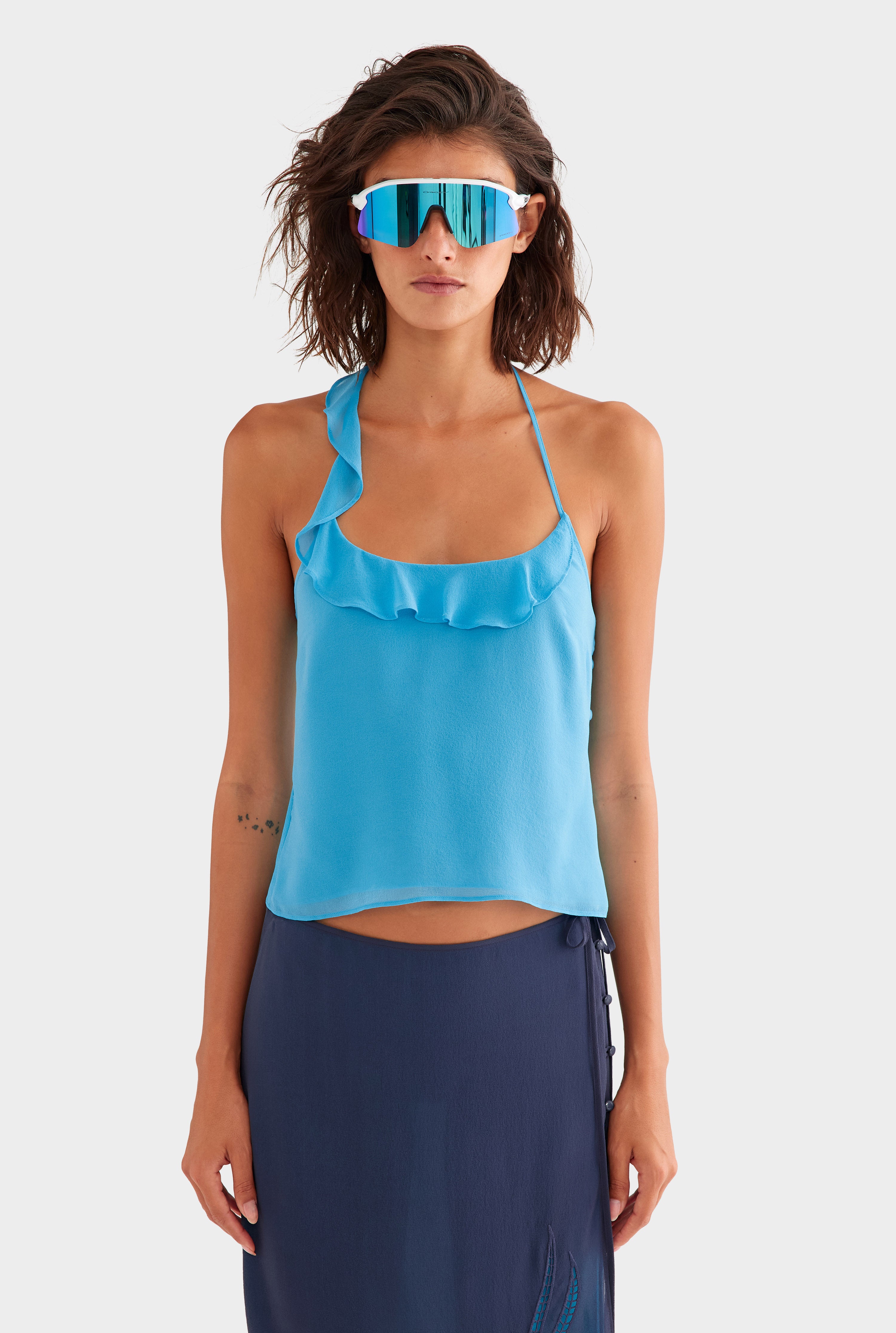 Blue Ruffled Top Asymmetric Ruffle Halter Top in Bright Blue | Venroy – VENROY