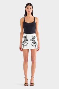 Beaded Silk Mini Skirt - Off White/Black Jaguar