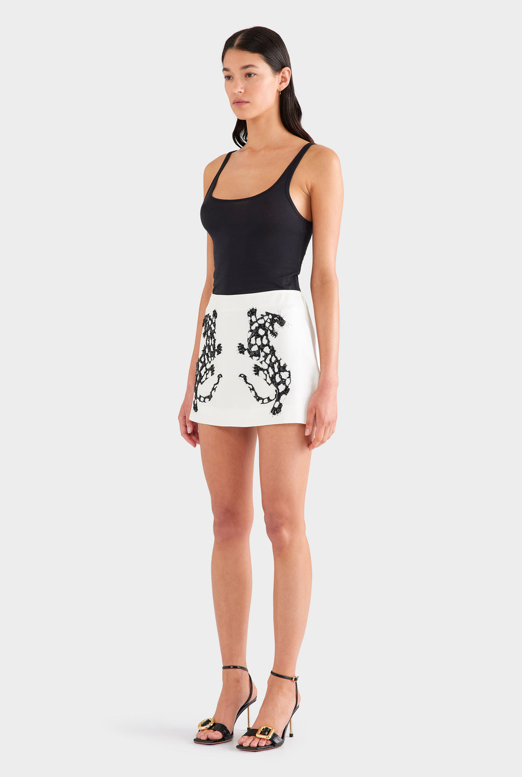 Beaded Silk Mini Skirt - Off White/Black Jaguar