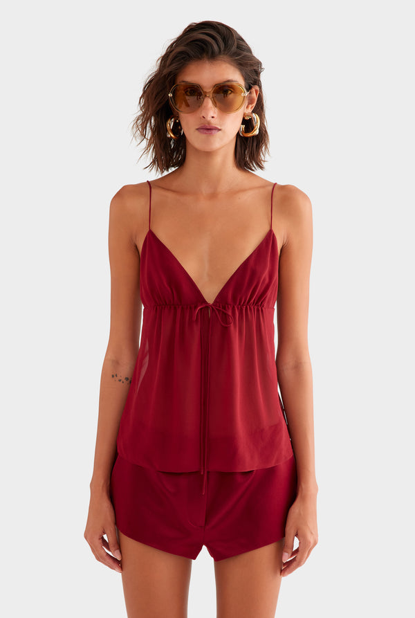 Tie Front Silk Georgette Cami - Pomegranate