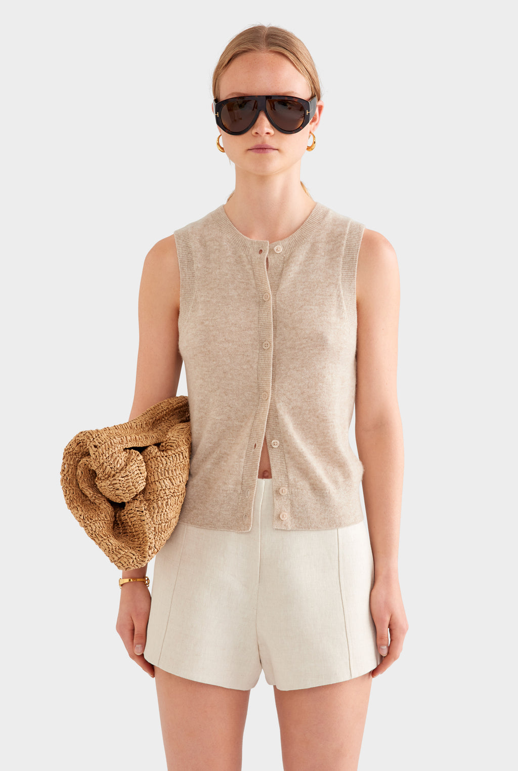 Cashmere Button Through Tank - Sand
