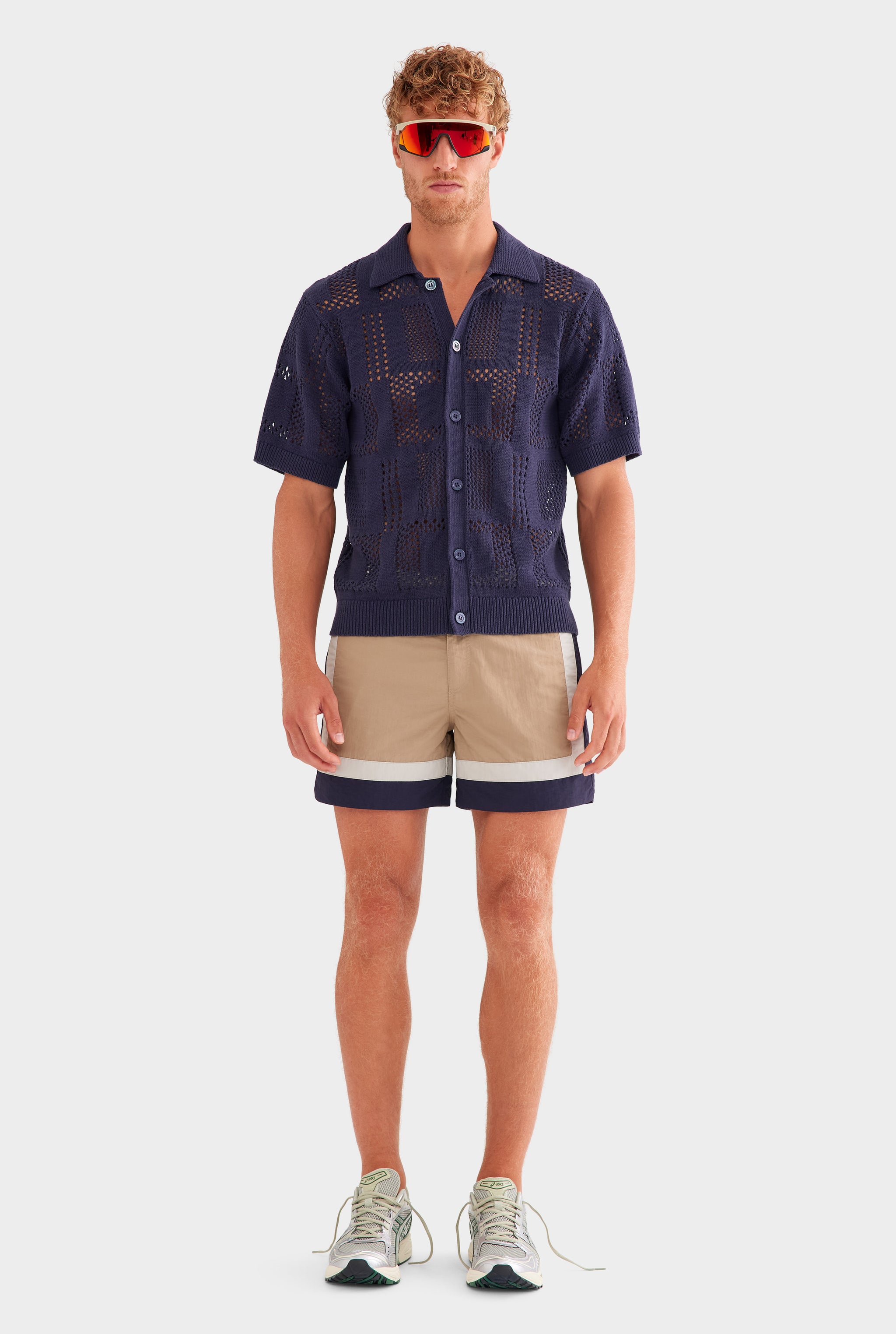 Check Crochet Knit Shirt - Navy