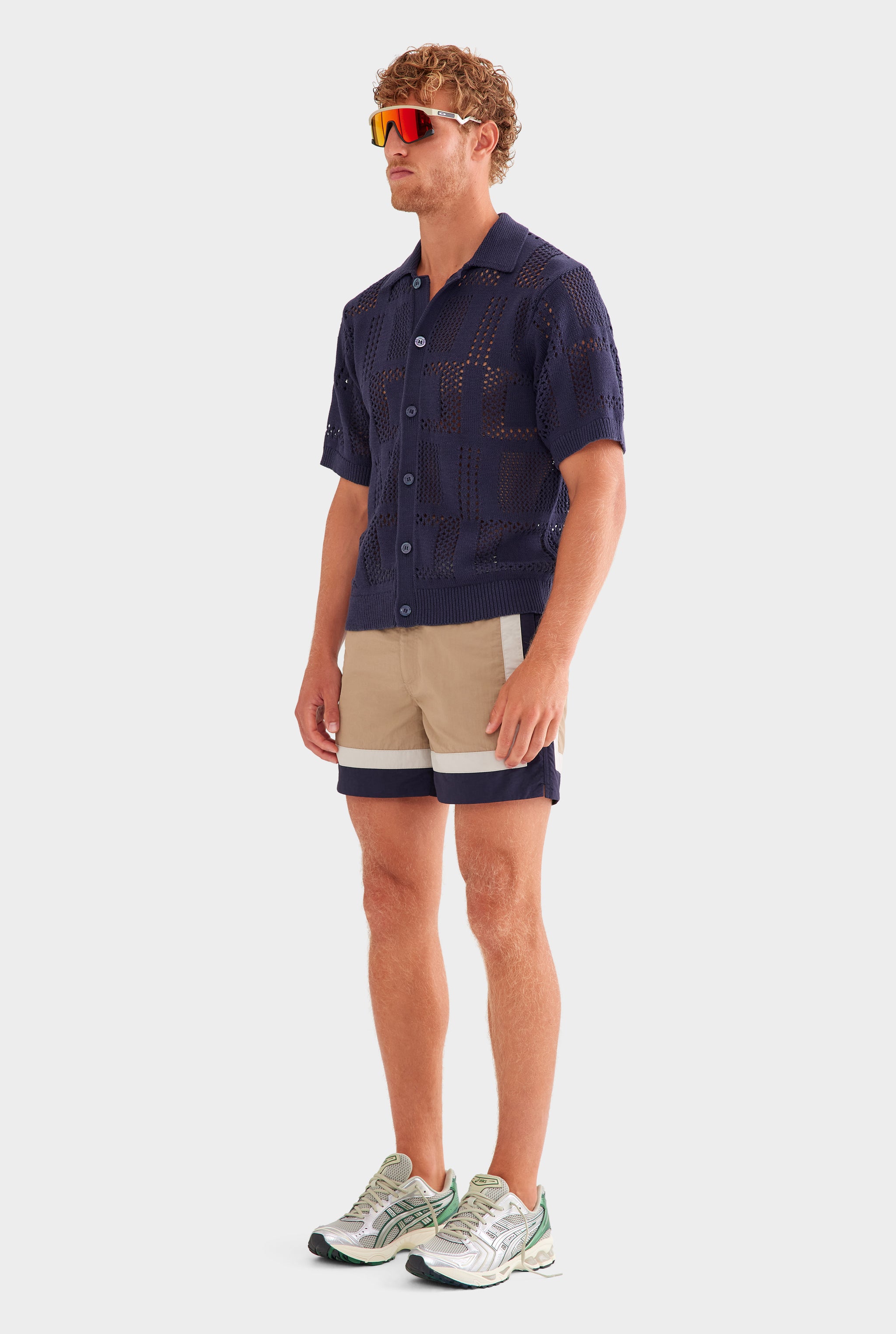 Check Crochet Knit Shirt - Navy