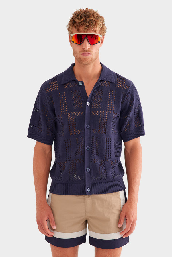 Check Crochet Knit Shirt - Navy