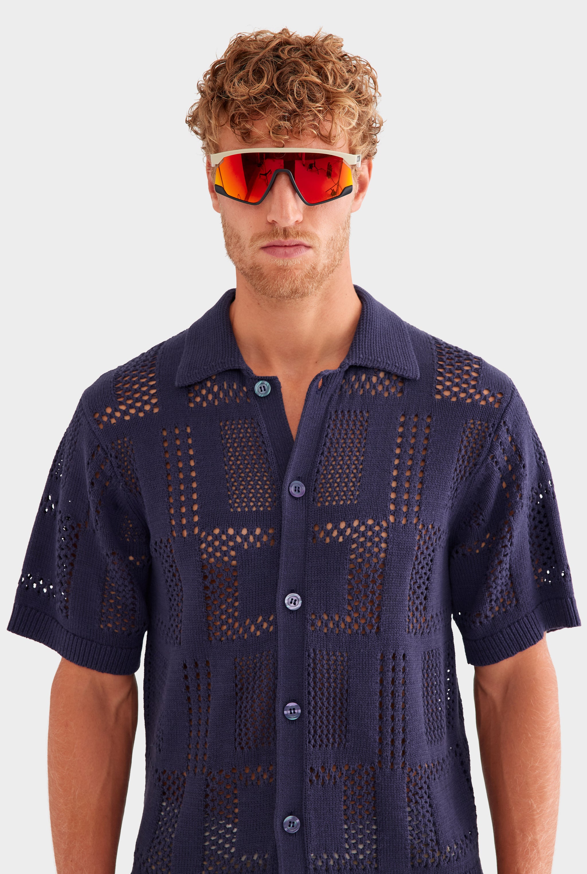 Check Crochet Knit Shirt - Navy