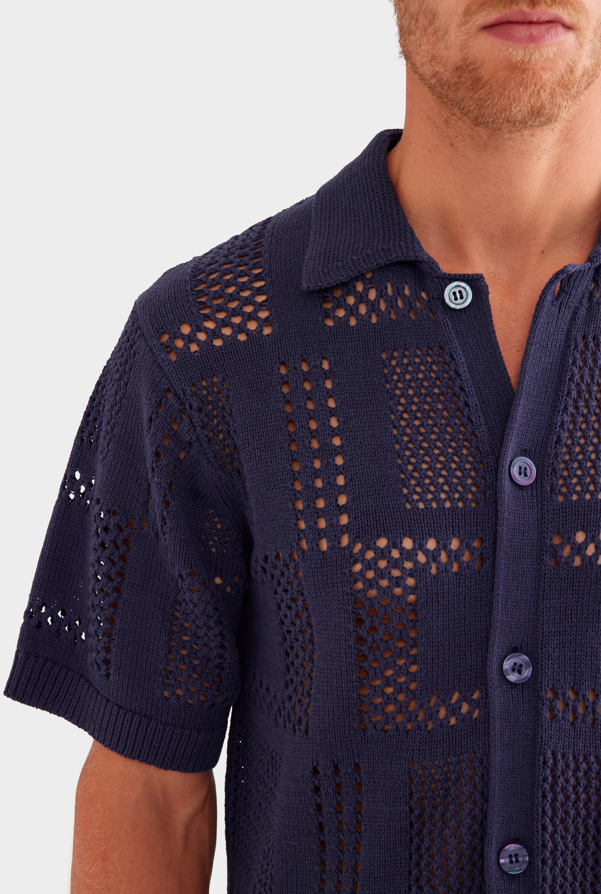 Check Crochet Knit Shirt - Navy