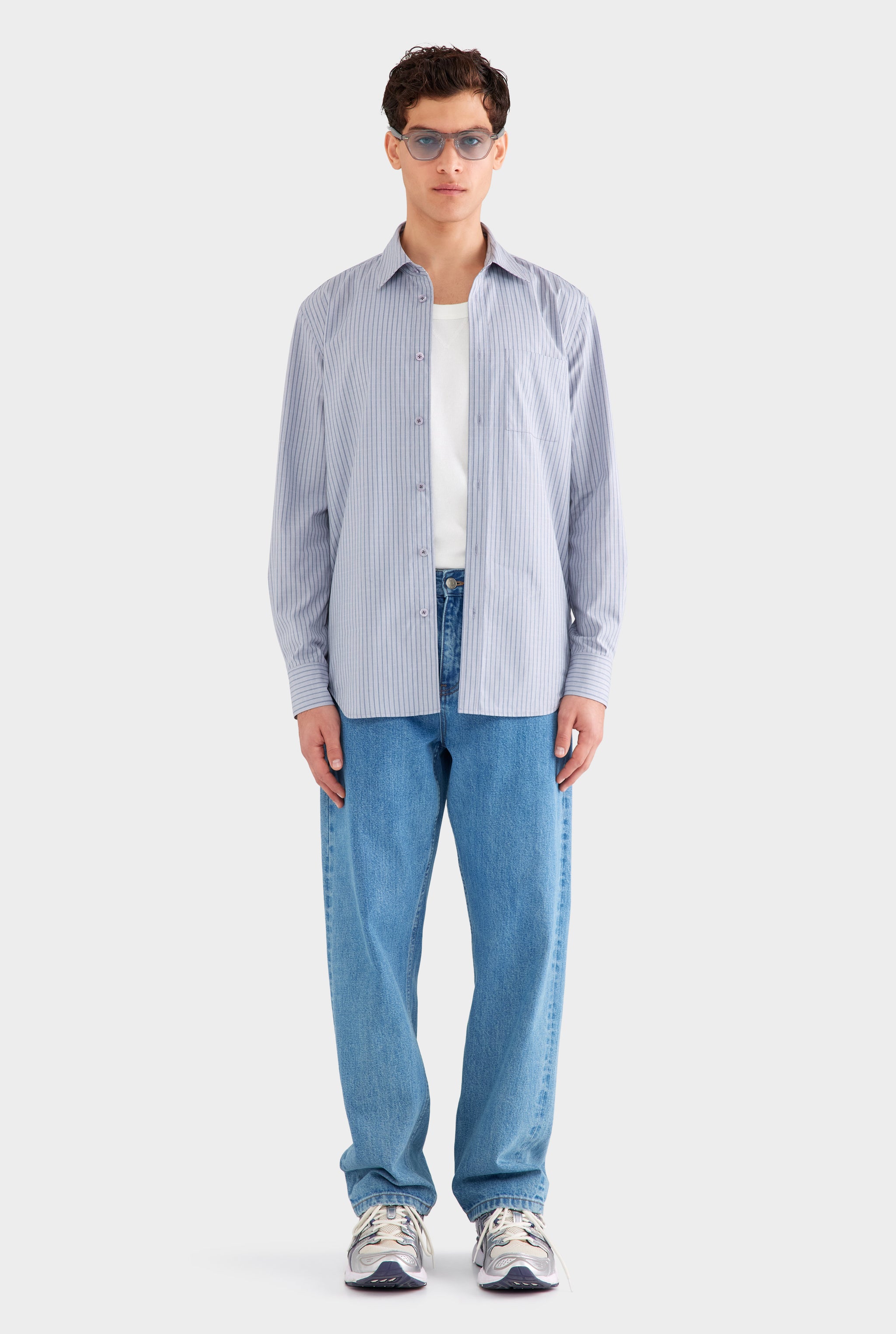 Classic Cotton Stripe Long Sleeve Shirt - Grey/Blue Check