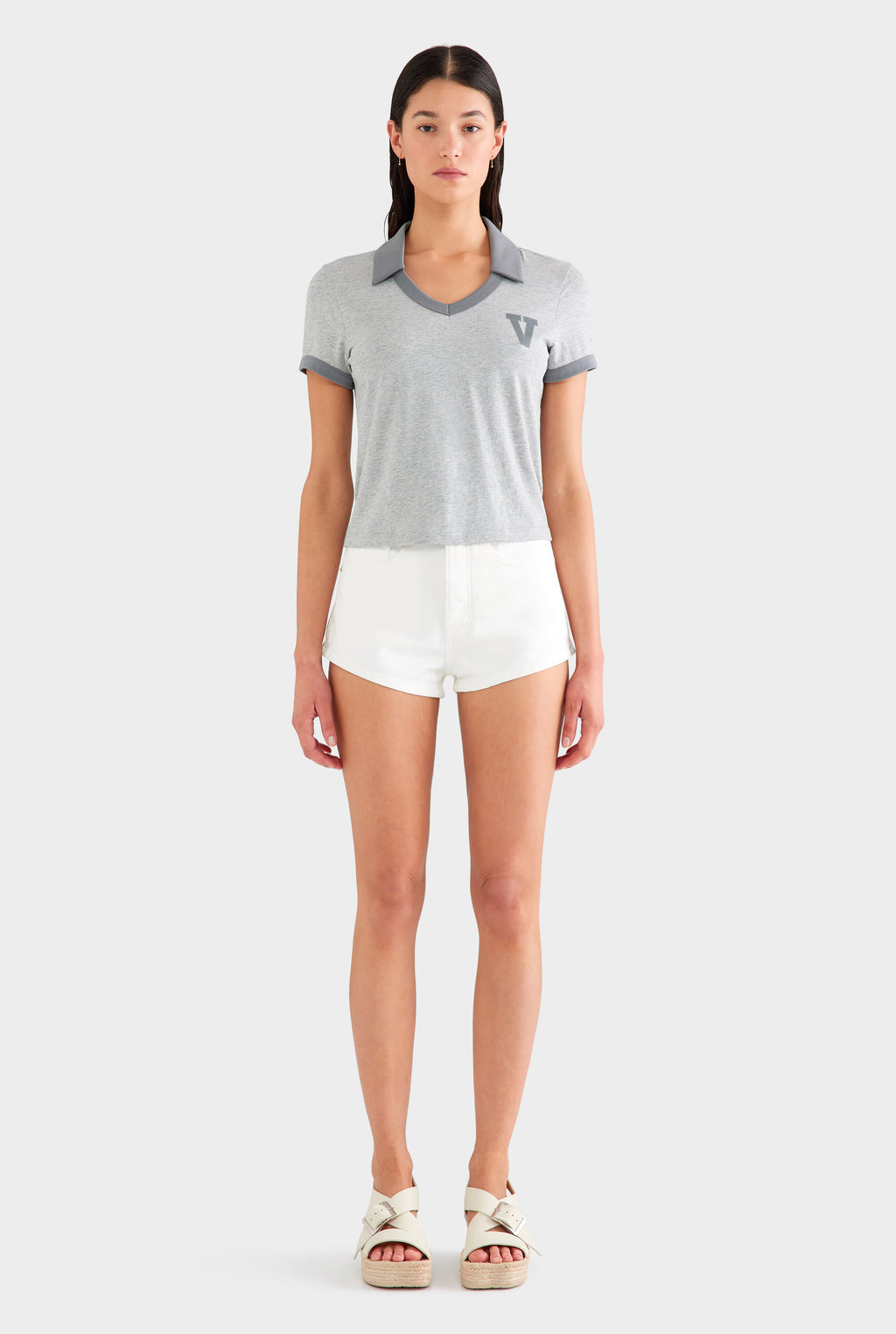 Collared V Neck Tee - Grey Marl