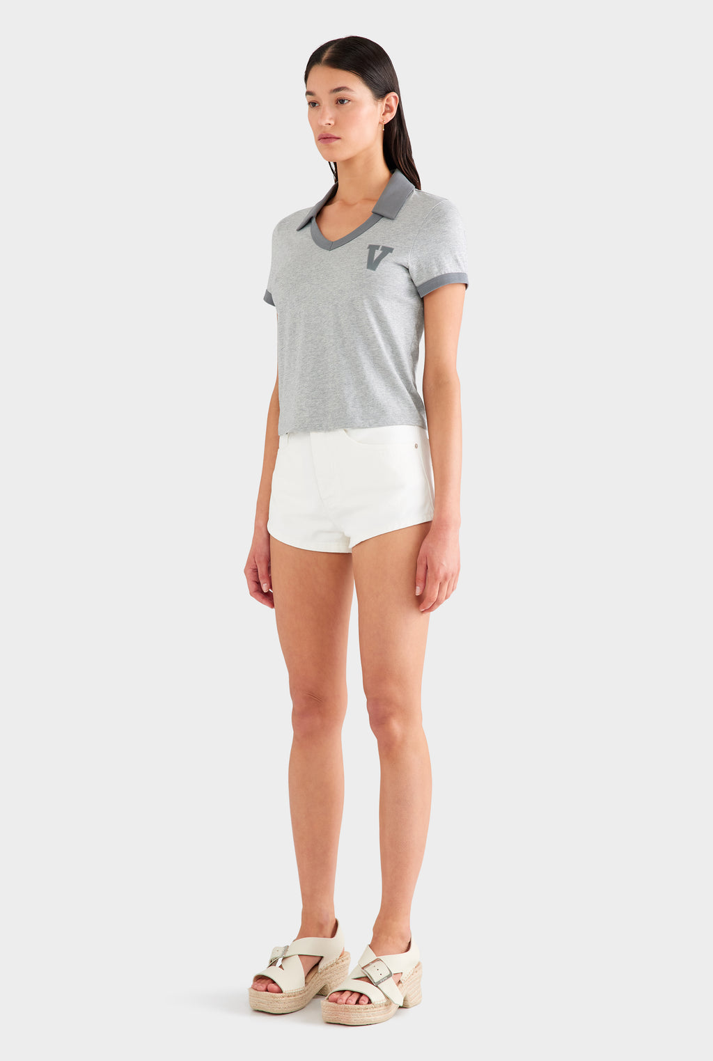 Collared V Neck Tee - Grey Marl