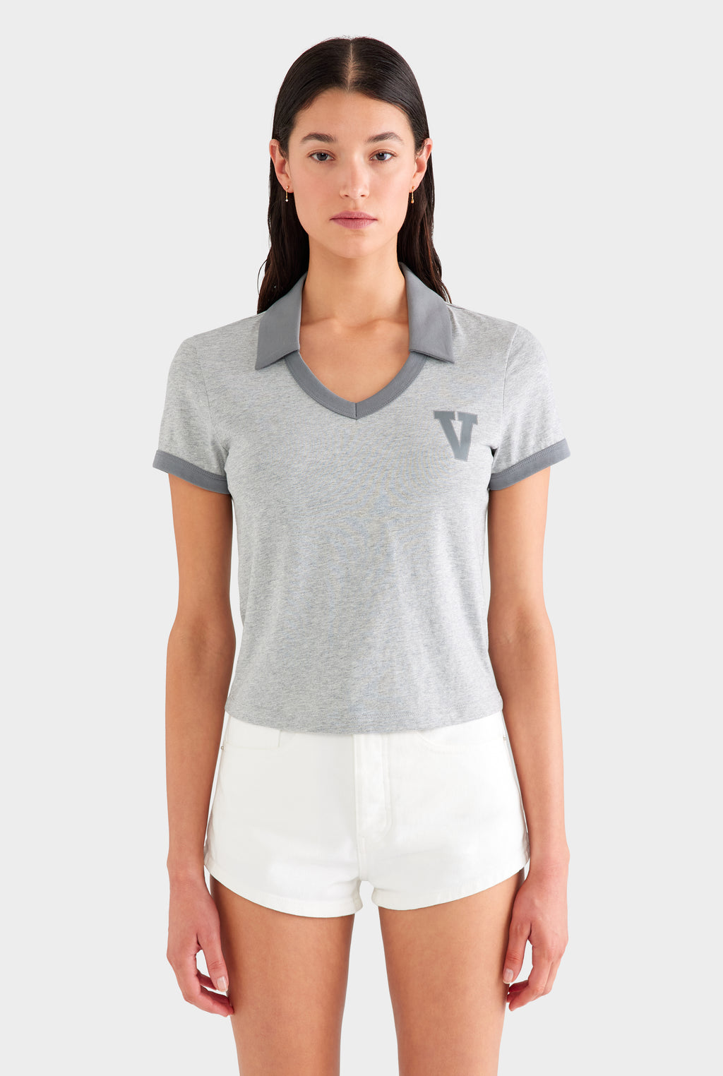 Collared V Neck Tee - Grey Marl