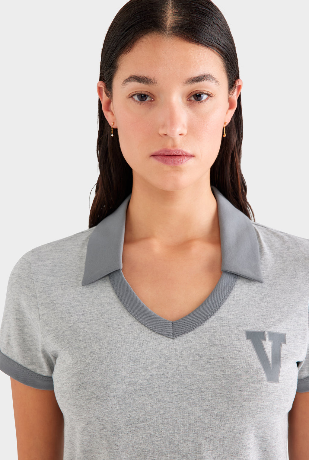 Collared V Neck Tee - Grey Marl
