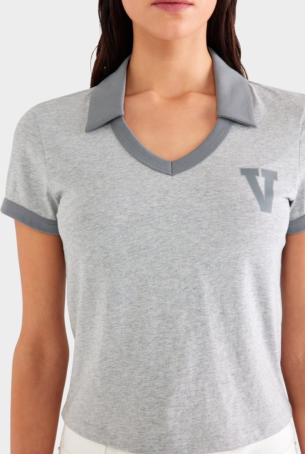 Collared V Neck Tee - Grey Marl