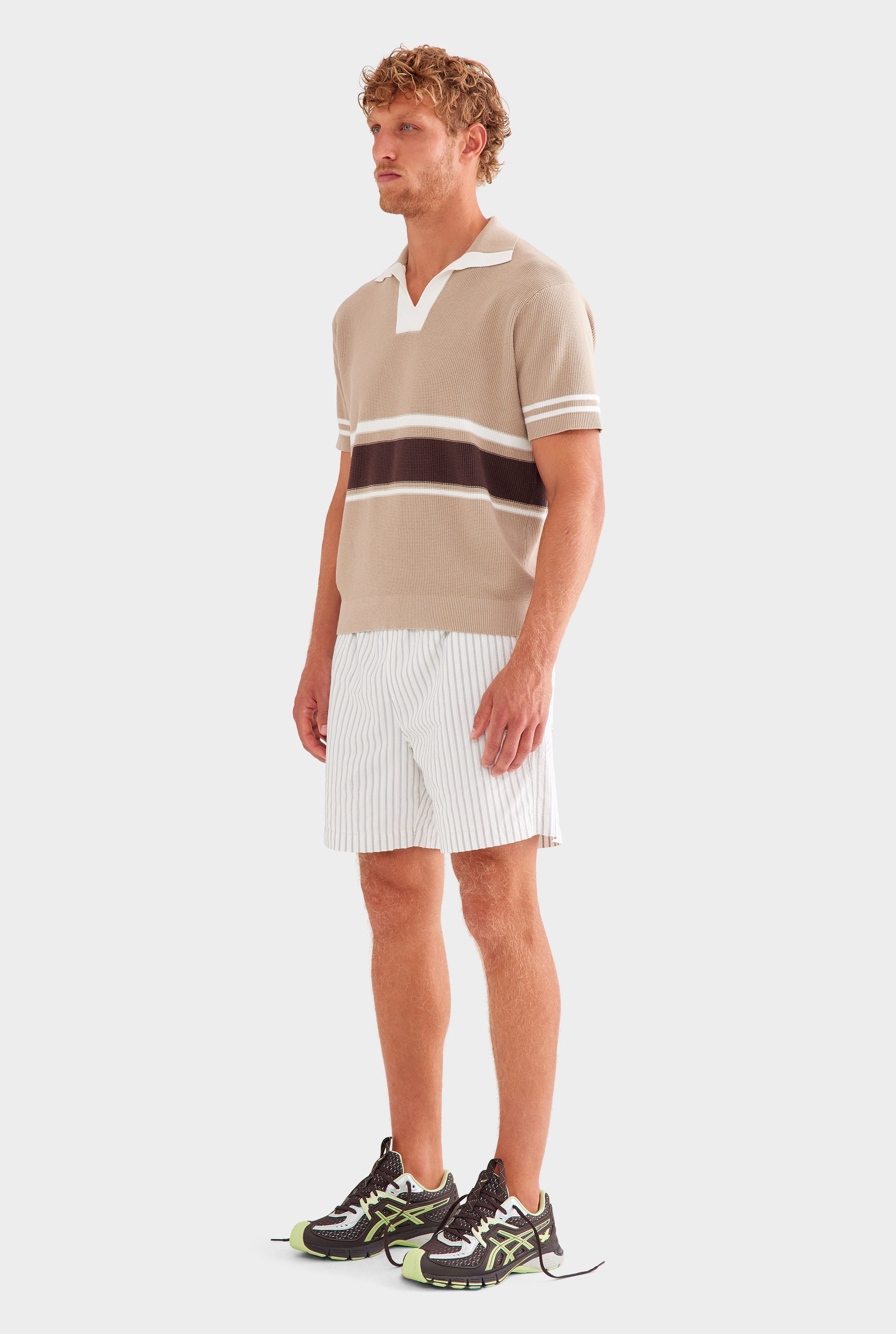 Contrast Open Neck Cotton Polo - Taupe/Brown/Off White