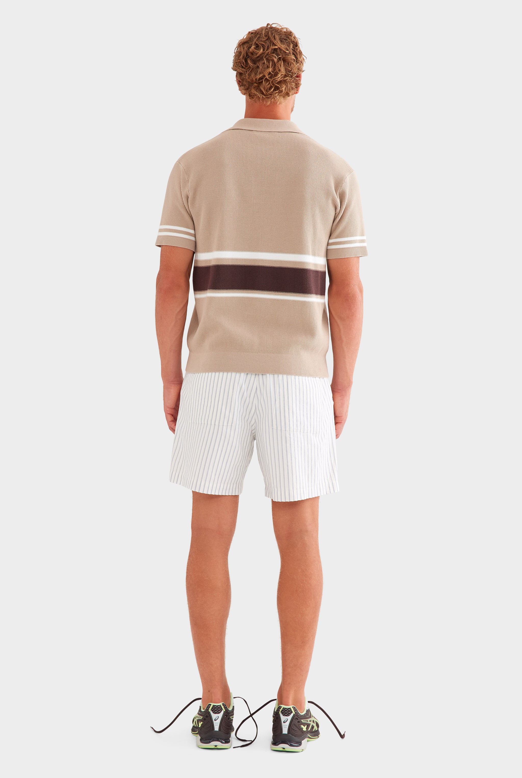 Contrast Open Neck Cotton Polo - Taupe/Brown/Off White