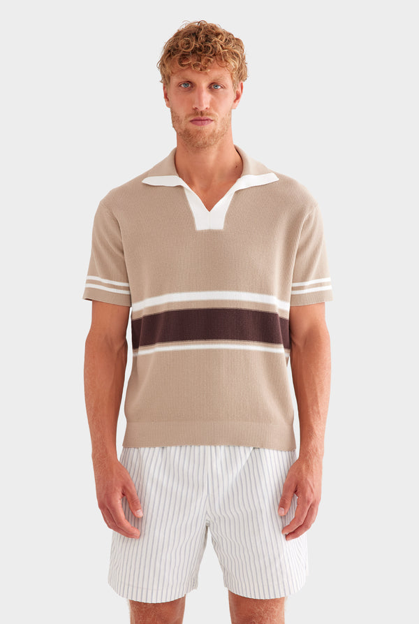 Contrast Open Neck Cotton Polo - Taupe/Brown/Off White