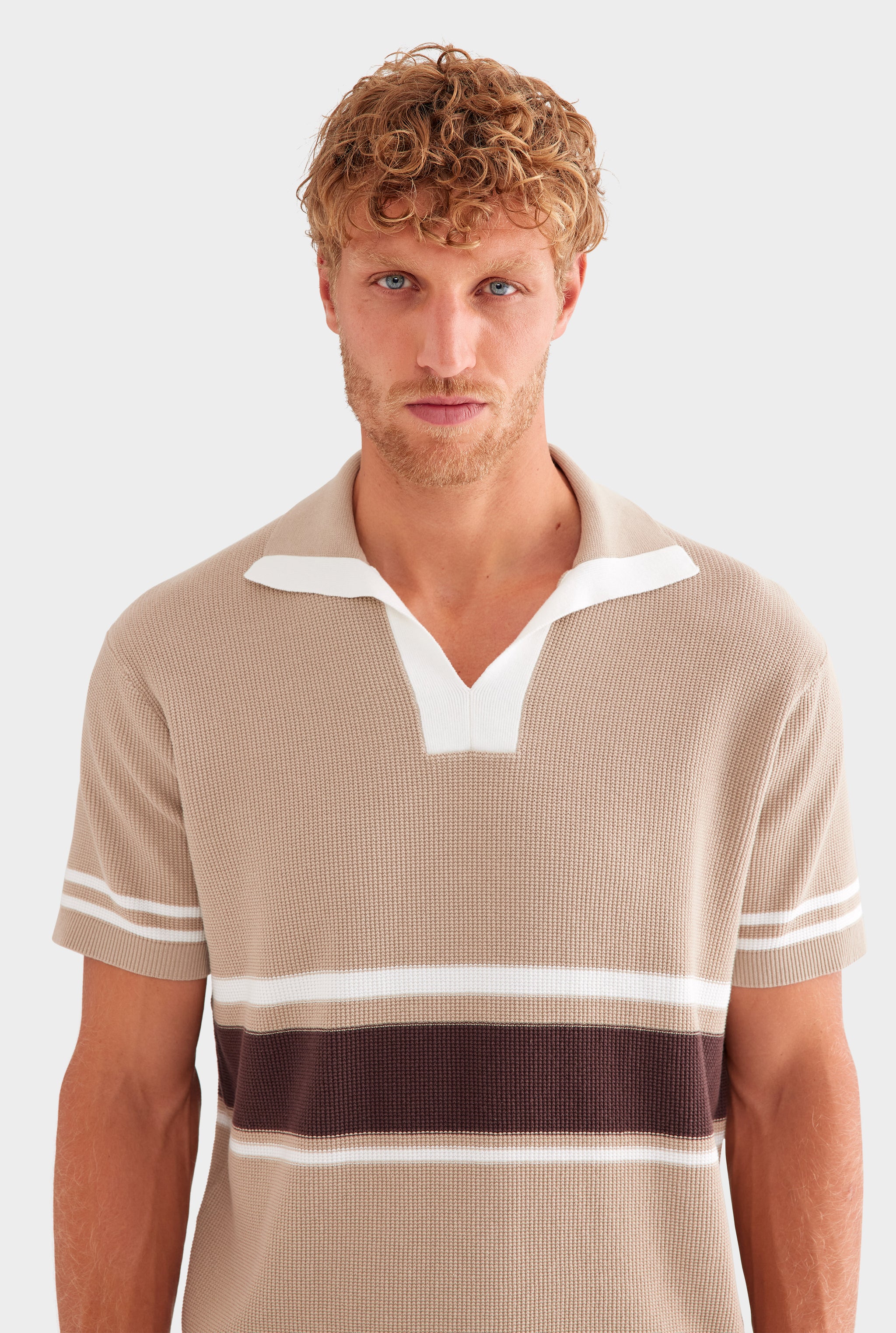 Contrast Open Neck Cotton Polo - Taupe/Brown/Off White