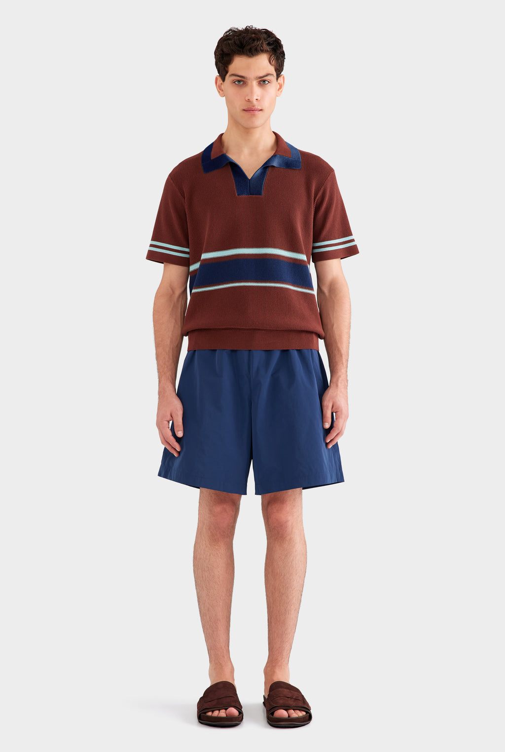 Contrast Open Neck Cotton Polo - Chocolate/Navy Blue