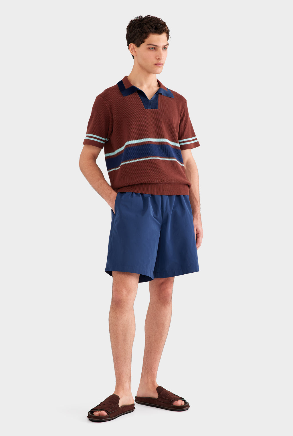 Contrast Open Neck Cotton Polo - Chocolate/Navy Blue