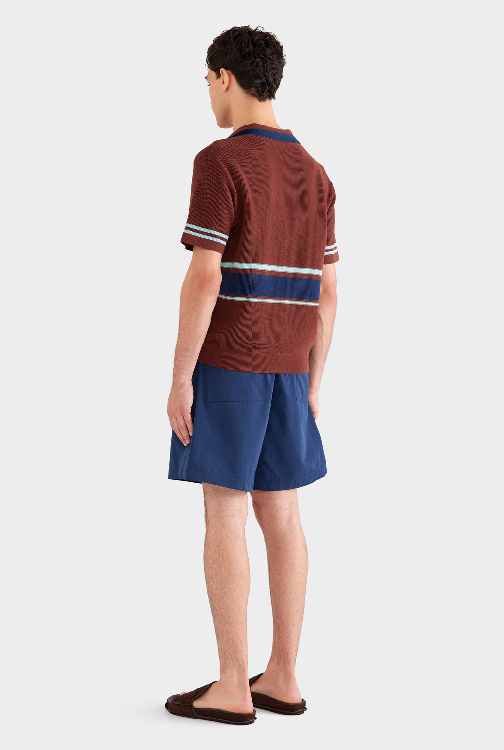 Contrast Open Neck Cotton Polo - Chocolate/Navy Blue