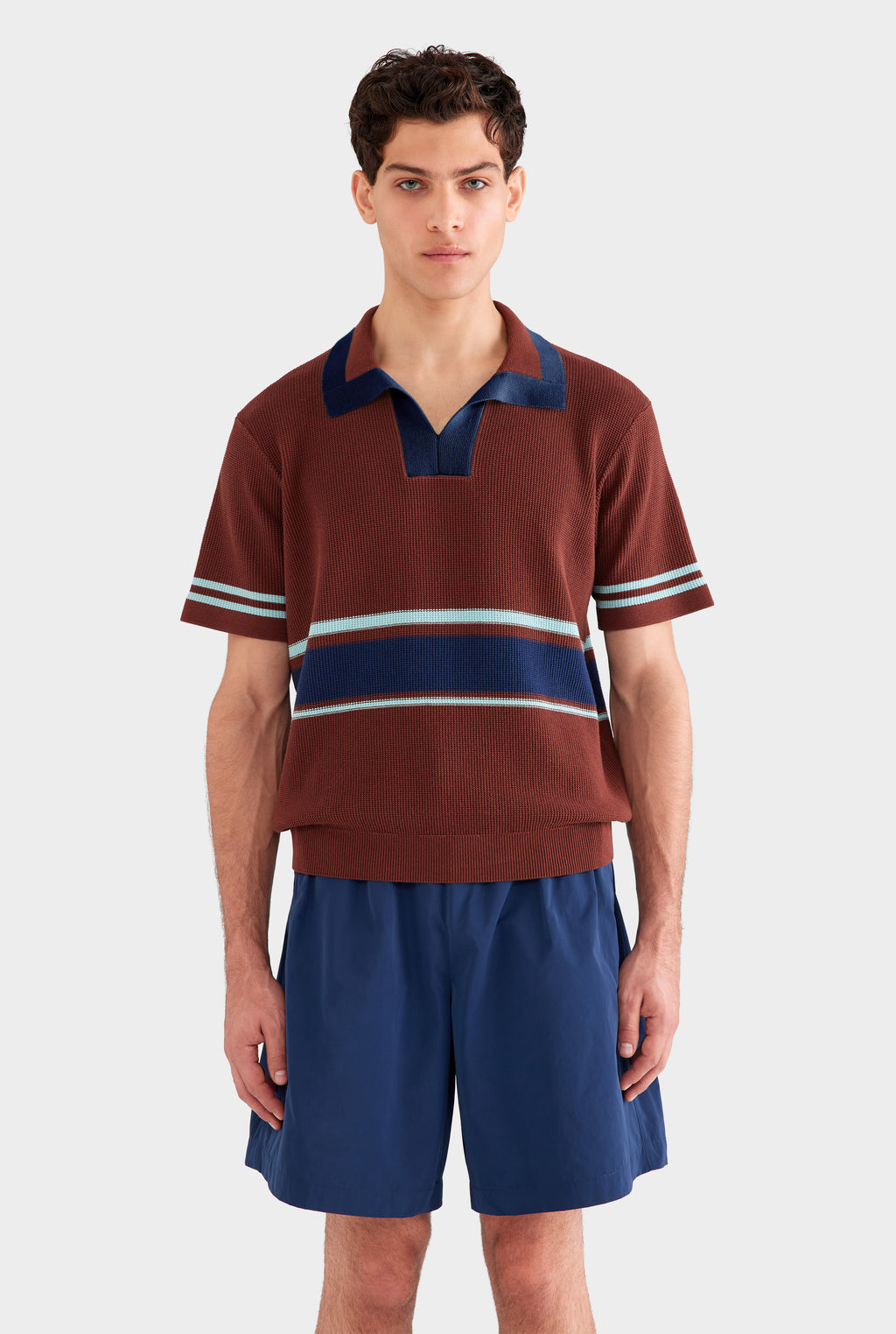 Contrast Open Neck Cotton Polo - Chocolate/Navy Blue