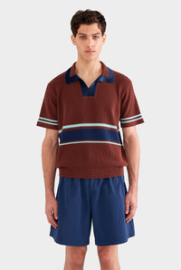 Contrast Open Neck Cotton Polo - Chocolate/Navy Blue