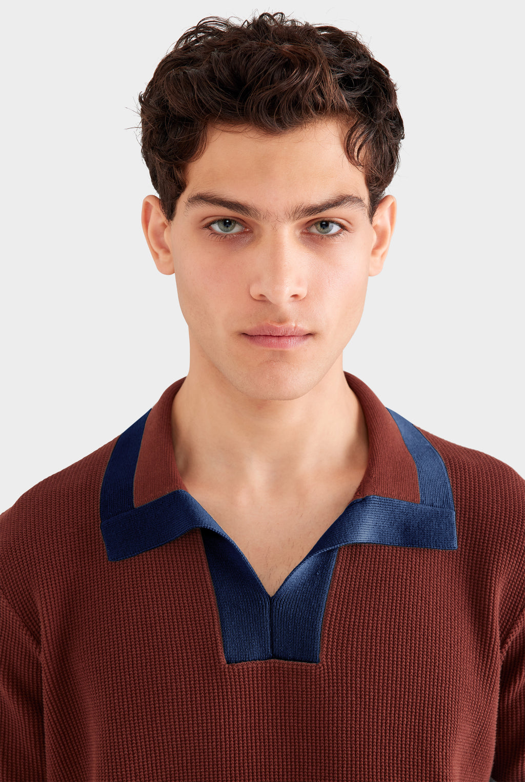 Contrast Open Neck Cotton Polo - Chocolate/Navy Blue