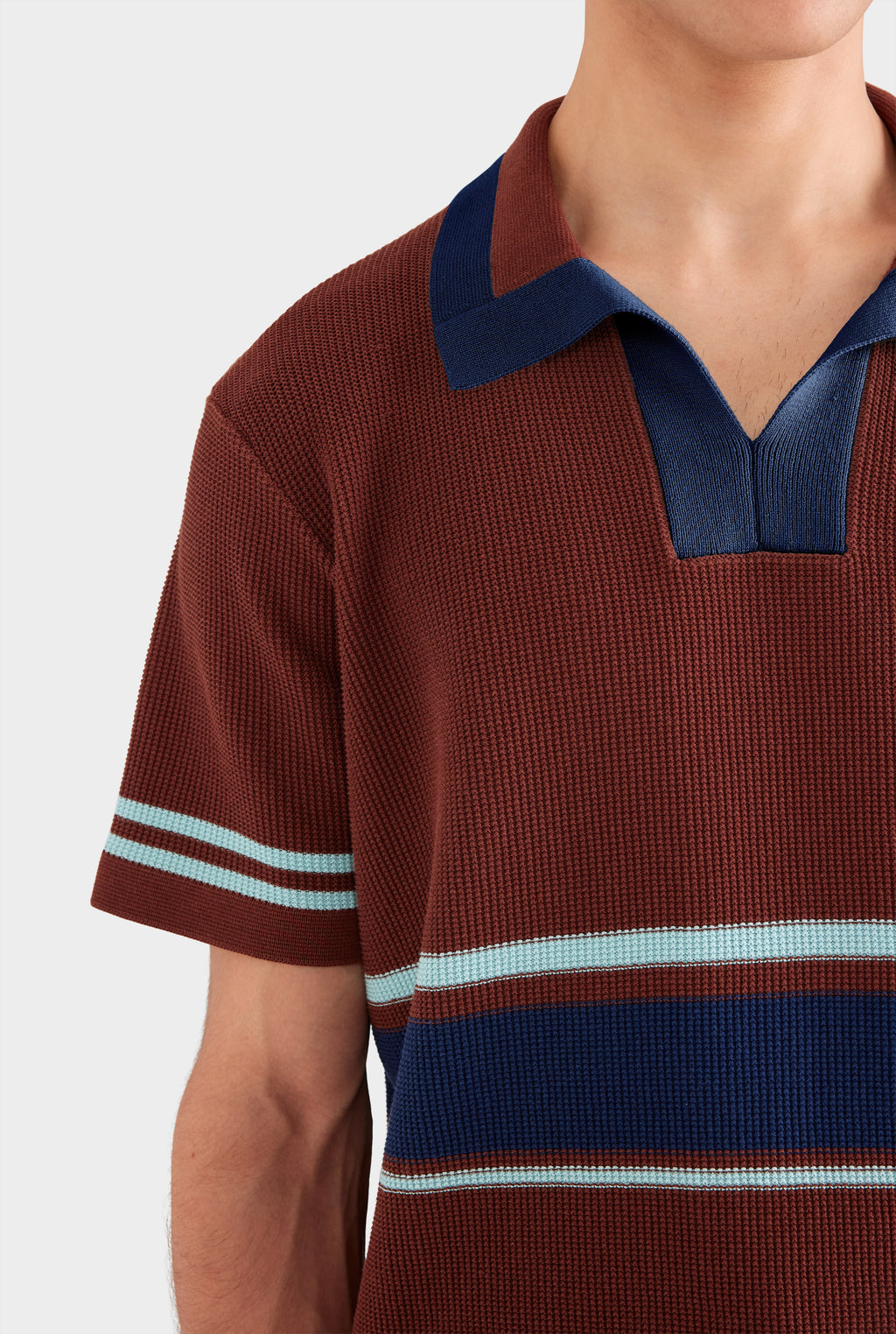 Contrast Open Neck Cotton Polo - Chocolate/Navy Blue