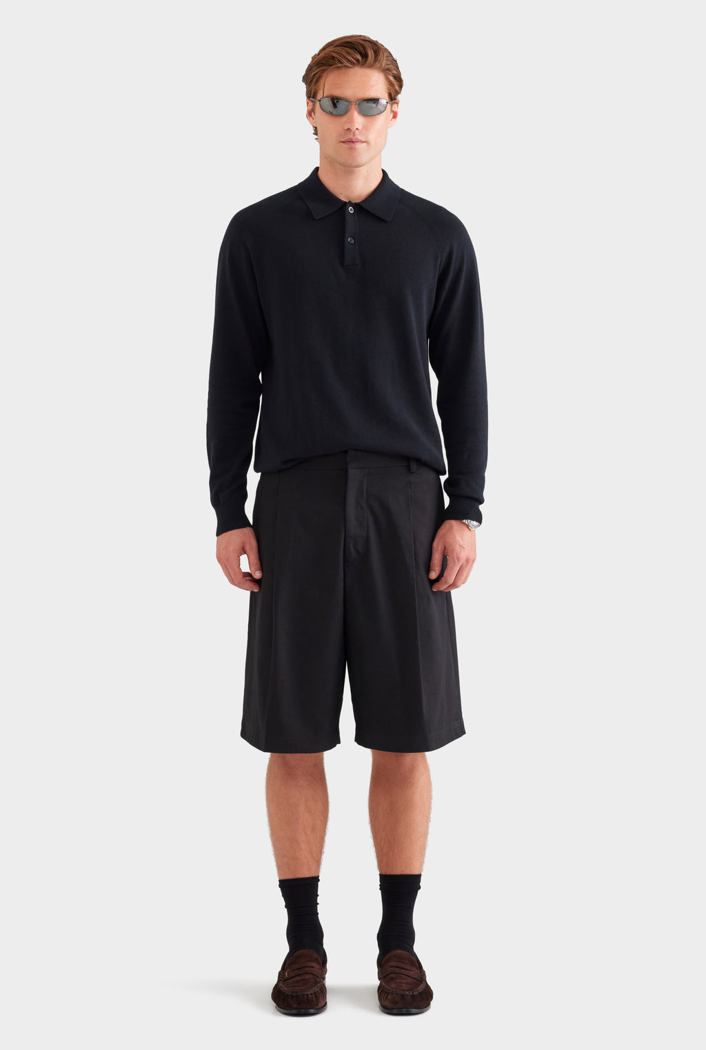 Cotton Canvas Pleated Bermuda Short - Black