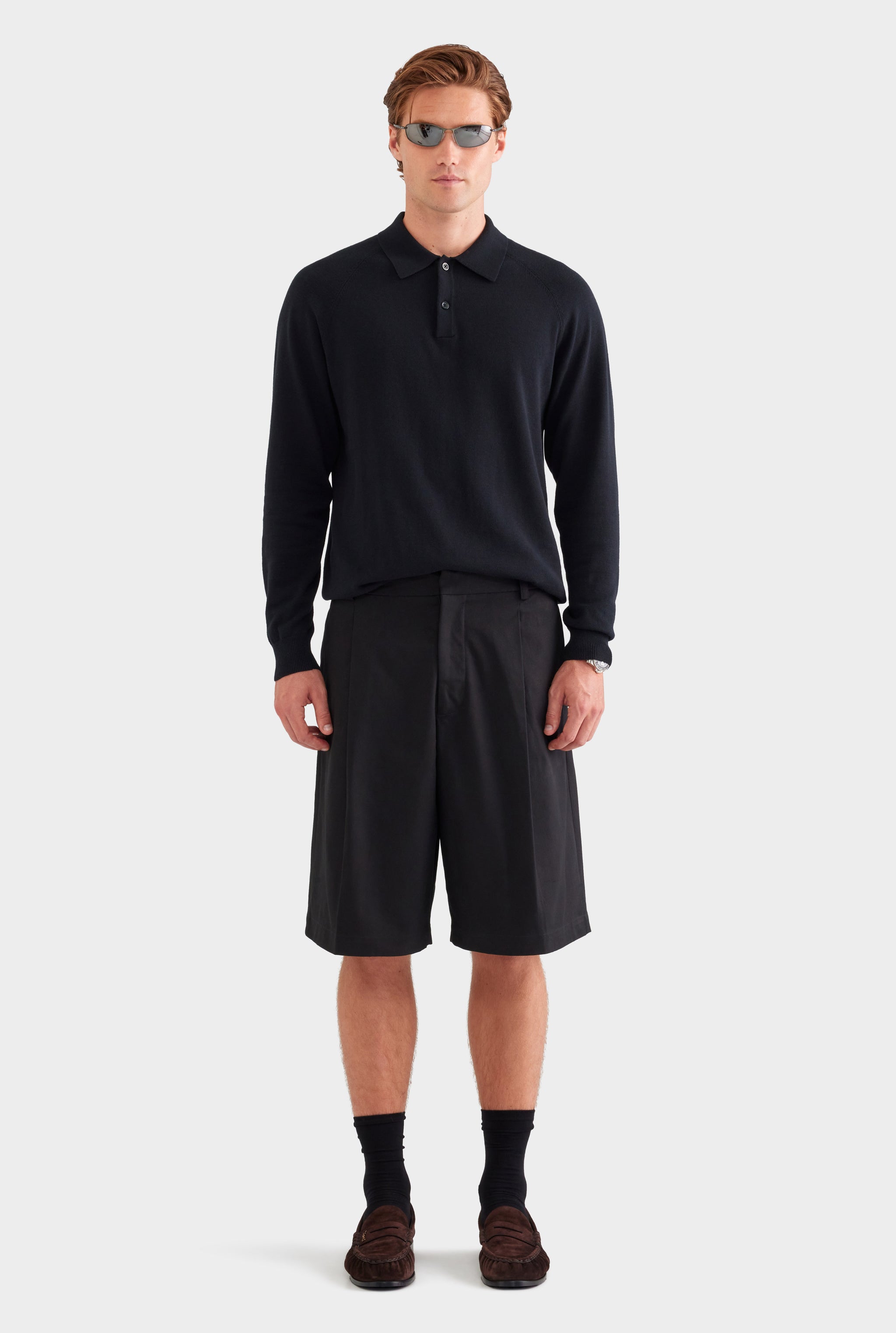 Cotton Canvas Pleated Bermuda Short - Black