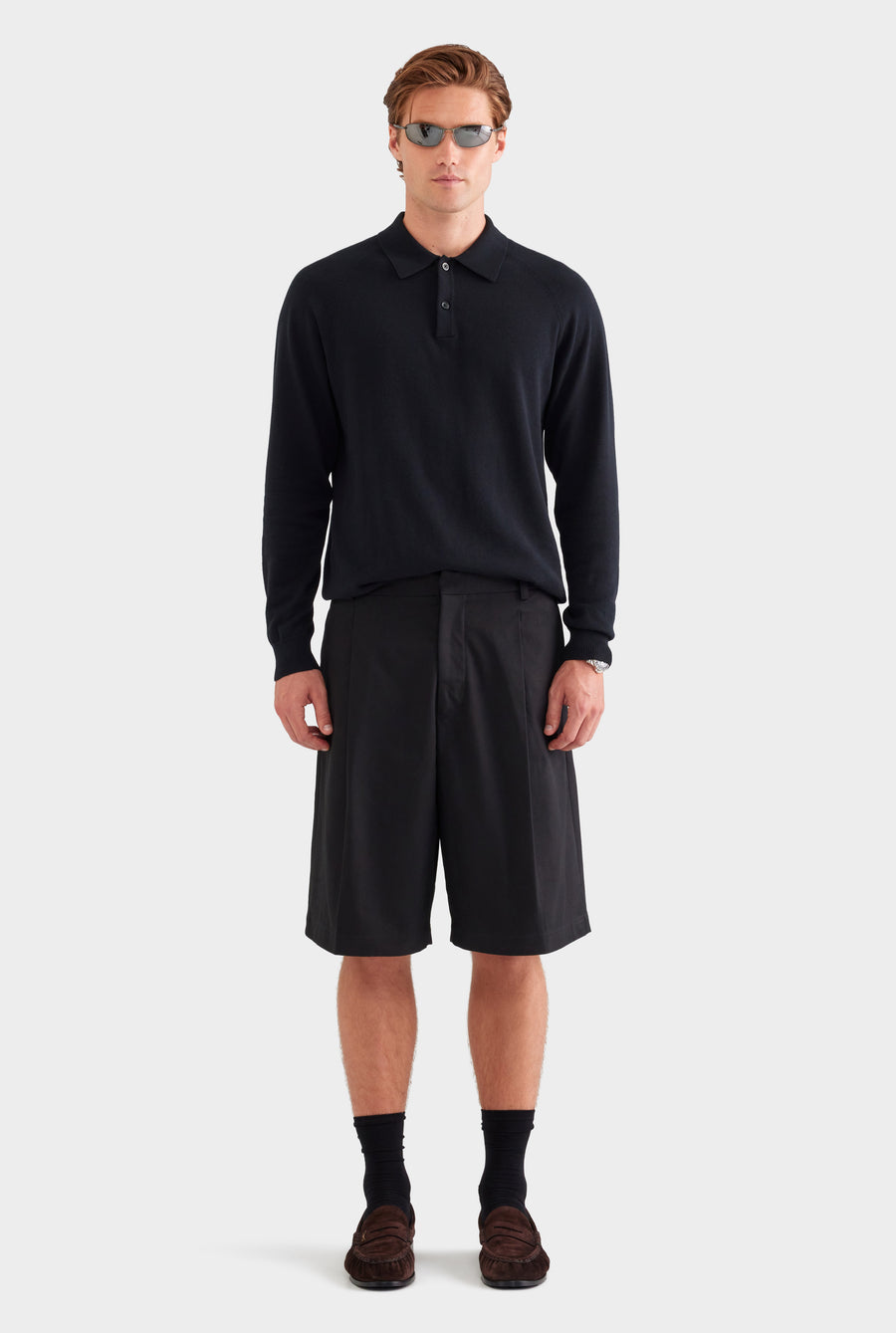 Cotton Canvas Pleated Bermuda Short - Black