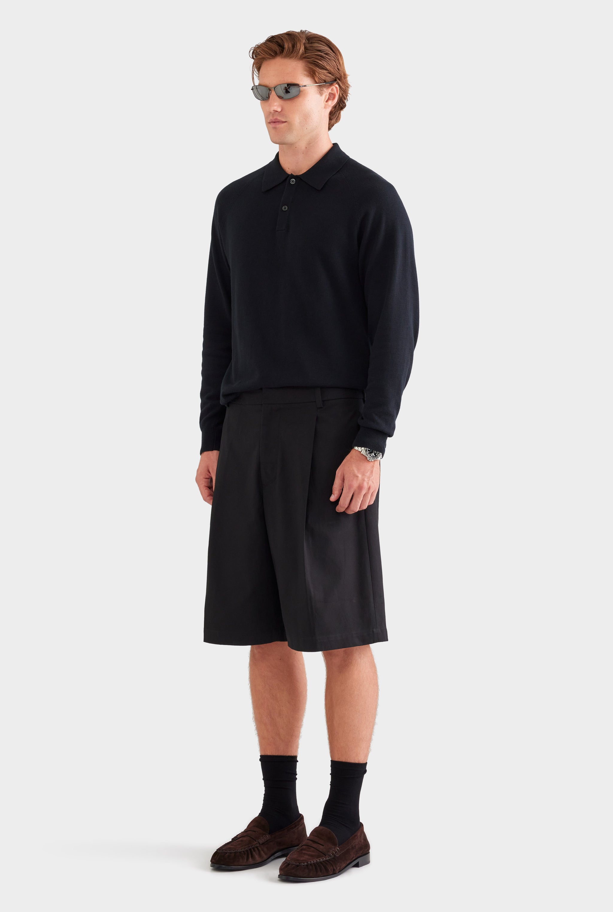 Cotton Canvas Pleated Bermuda Short - Black