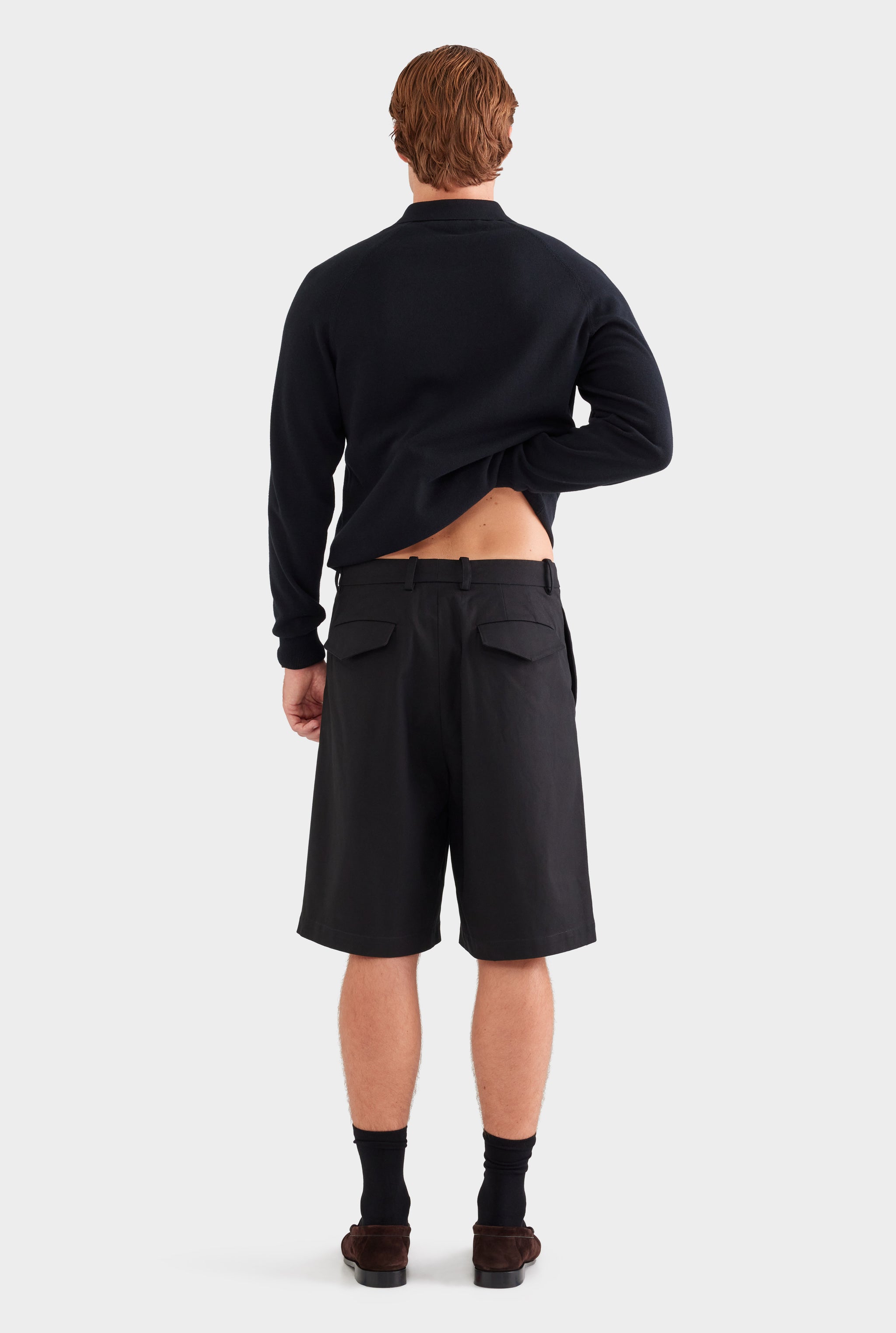Cotton Canvas Pleated Bermuda Short - Black