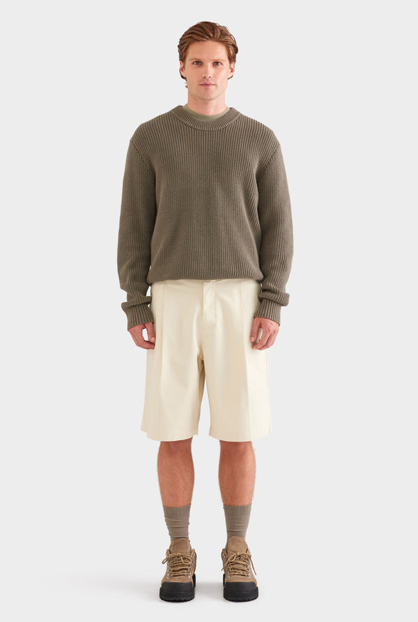 Cotton Canvas Pleated Bermuda Short - Cream