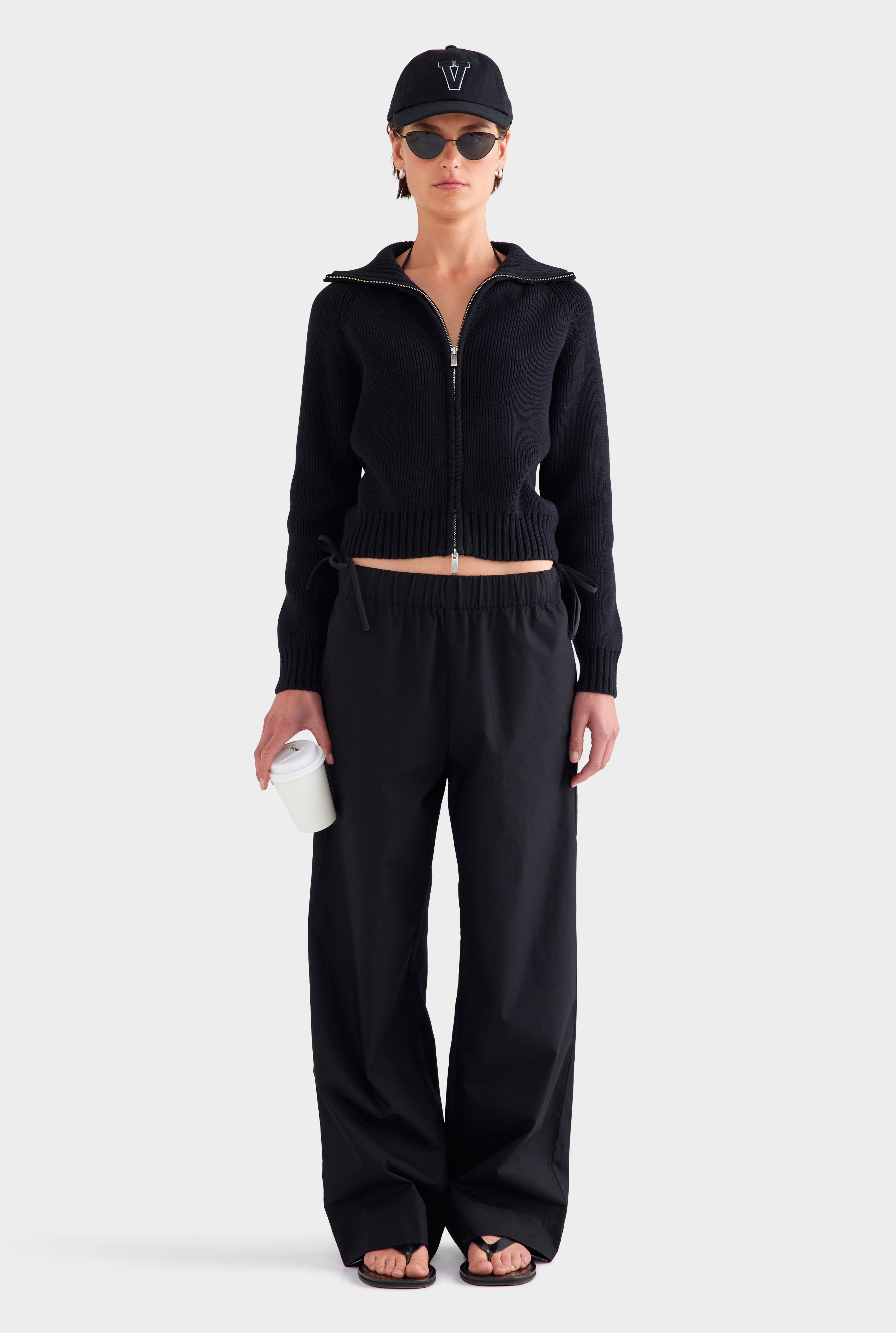 Cotton Funnel Neck Zip Up Sweater - Black