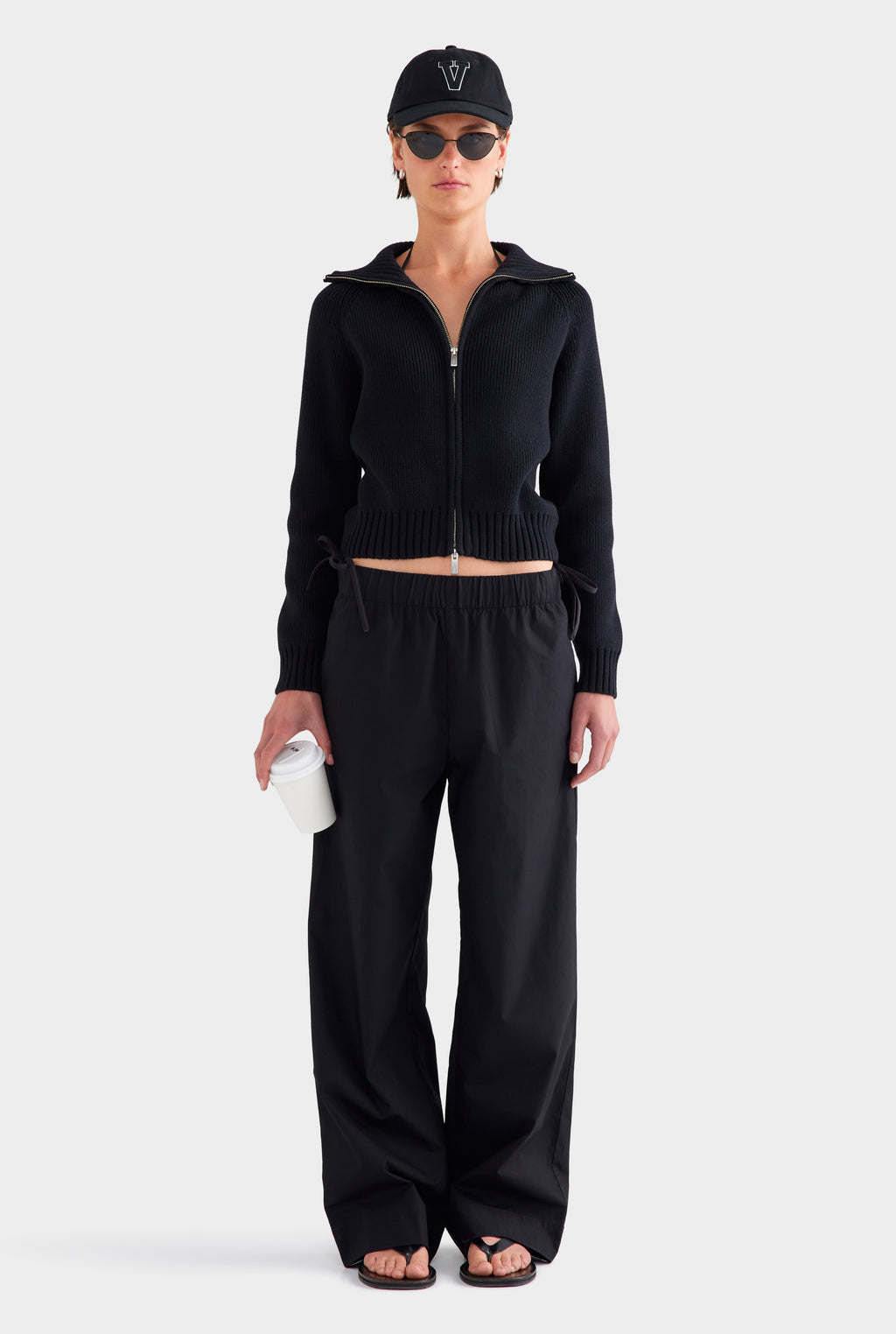 Cotton Funnel Neck Zip Up Sweater - Black