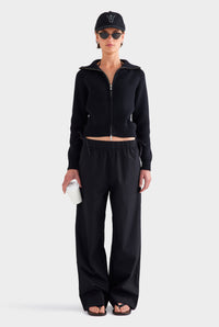 Cotton Funnel Neck Zip Up Sweater - Black